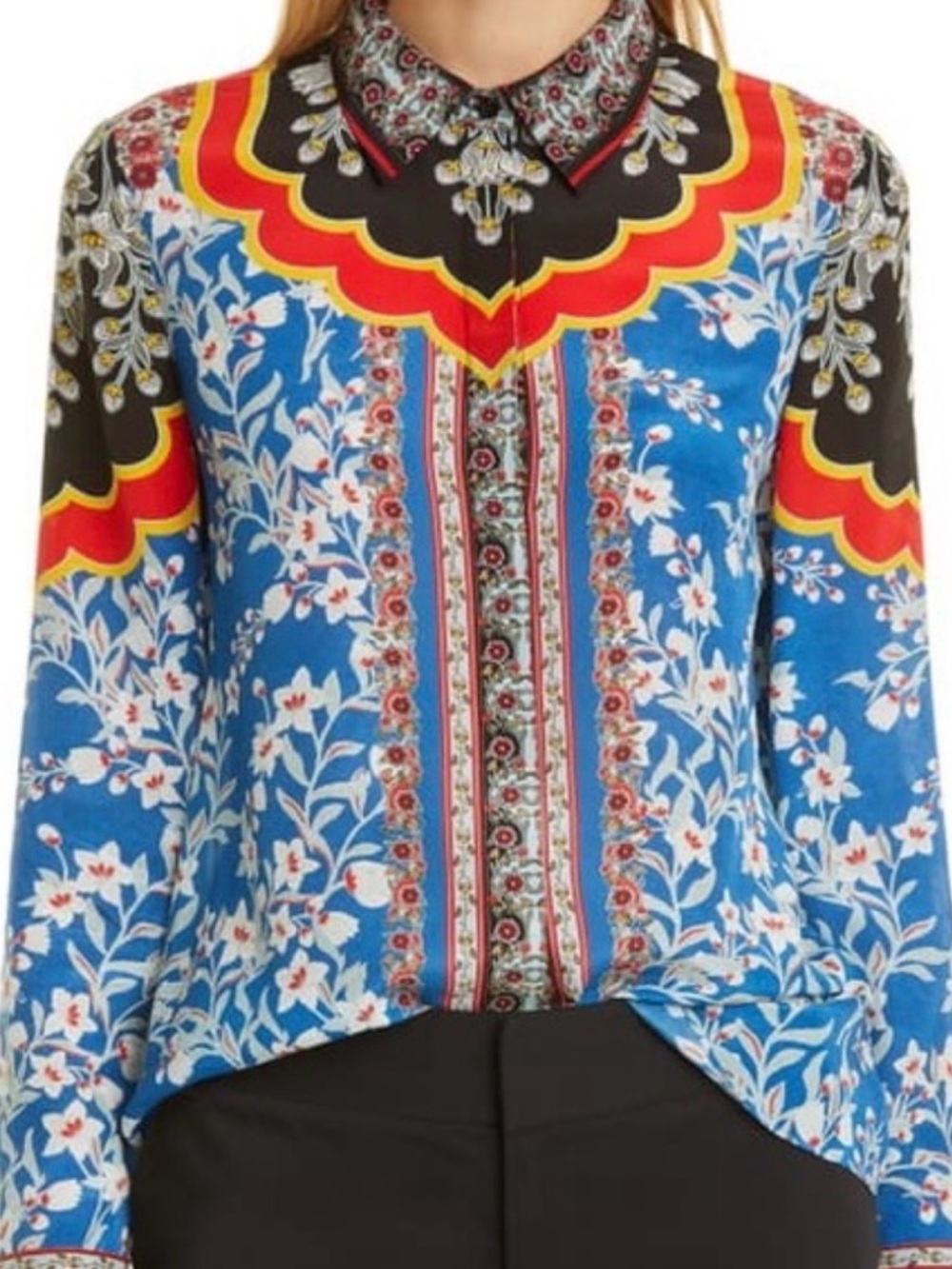 Alice + Olivia 100% Silk Blouse Blue Floral Print Button Front Blouse Size S